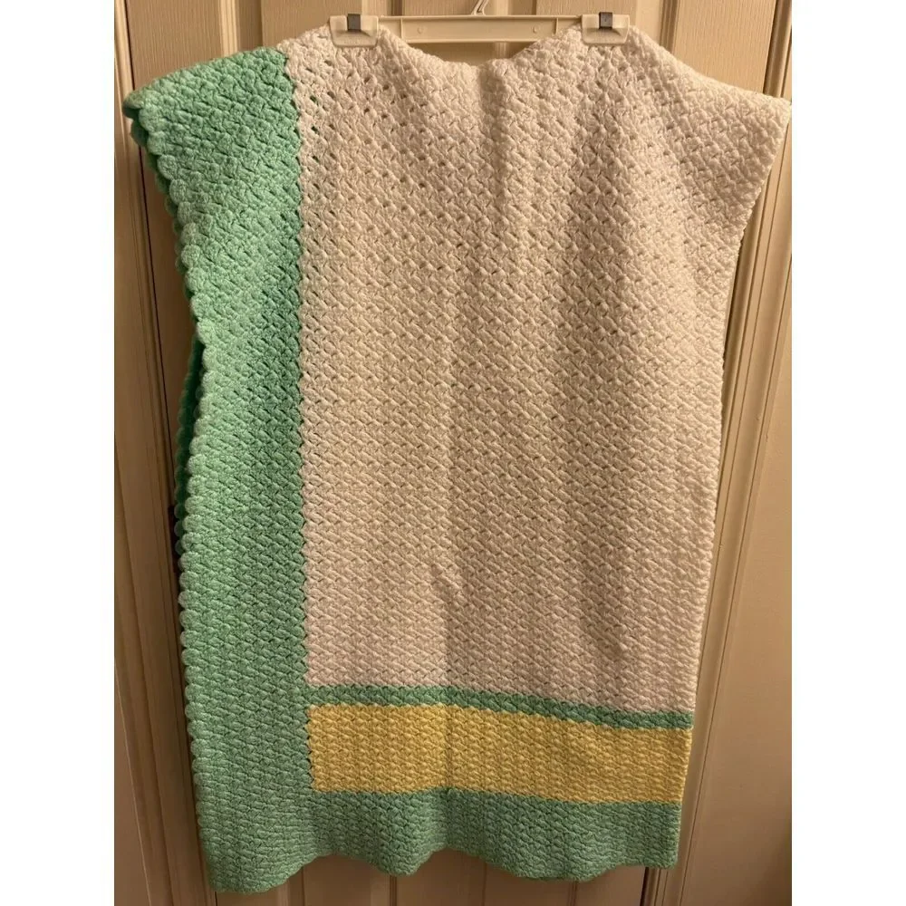 Handmade Vintage Blanket‎ Crochet Afghan White Green Yellow 100